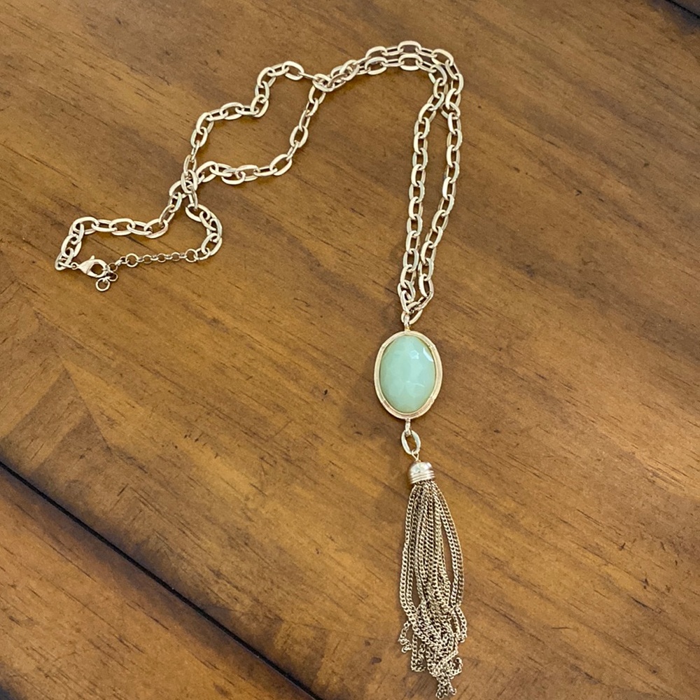 Long Gold Necklace with light blue/green gemstone - Fashion Jewelry